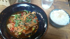 Vegan fish and vegetables with rice at Bao Bao in Hamburg