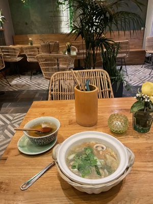 Wantan Supper (5€) Dumplings filled with mushrooms, wood ear, lotus roots, tofu and onions in a herbal broth
with shiitake mushrooms and bok choy.  at The Future is Up to You in Berlin