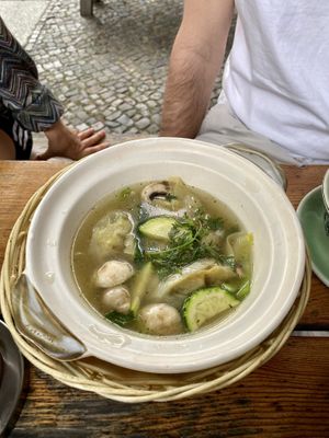 Appetizer: soup with dumplings (amazing!). WAN TAN SOUP  at The Future is Up to You in Berlin