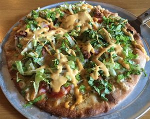 Vegan Cheeseburger Pizza (small) with Beyond Beef burger, vegan cheese, house-made vegan RiNOTa uncheese and some other toppings. Very cheeseburgery and yummy. at Pizza Luce in Eden Prairie
