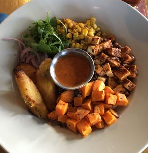 Vegan Piri Piri Bowl. The chili marinated tofu and roasted sweet plantains were superb. at Pizza Luce in Eden Prairie