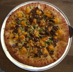 Veganized Butternut Squash Pizza. Seasonal and delightful. Has dollops of coconut infused mashed butternut squash, vegan cheese/bacon from Herbivorous Butcher & other toppings. at Pizza Luce in Eden Prairie