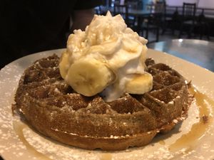  GF/vegan batter, coconut milk whipped cream, bananas, pure maple syrup at West Coast Waffles in Victoria