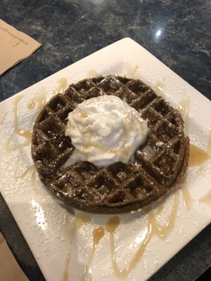  GF/vegan batter, coconut milk whipped cream, pure maple syrup at West Coast Waffles in Victoria