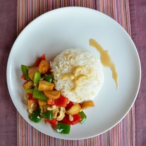 Tofu, cashew stir fry at Baan Unrak in Sangkhlaburi
