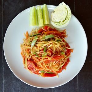 Traditional Thai Papaya salad, Vegan at Baan Unrak in Sangkhlaburi