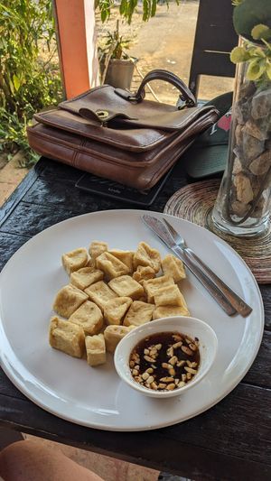 fried tofu w/ sweet & spicy ajard sauce at Baan Unrak in Sangkhlaburi