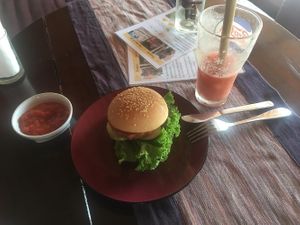 Homemade bean burger at Baan Unrak in Sangkhlaburi