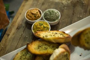 Hummuses, mayo, bbq or whatever sauce is available - try it!  at Posta in Sofia