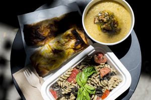 Cold fusilli with tomatoes, olives and basil pesto. 🌱
Red hot lentil stew or cold gazpacho 🍲 on the side of our very special banitza at Posta in Sofia