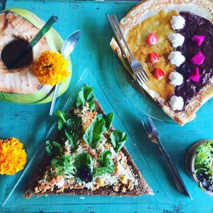 Gluten free and vegan buckwheat galette and vegan sweet crepe topped with homemade salted caramel and chocolate sauce at The Spell Creperie in Ubud
