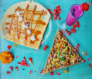 Vegan lunch set with one gluten free and vegan buckwheat galette, one vegan sweet crepe topped with homemade salted caramel and coconut whipped cream, served with a fresh juice at The Spell Creperie in Ubud