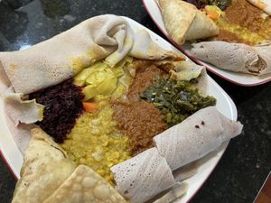 Beyaynetu and sambusas  at Habiba's Ethiopian Kitchen - Salt City Market in Syracuse