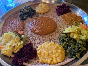 Beyaynetu for two. Not pictured: extra plate of injera at Habiba's Ethiopian Kitchen - Salt City Market in Syracuse