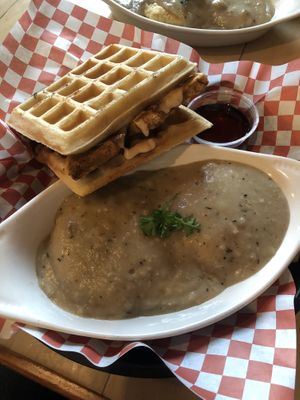 Monte Cristo with biscuits and gravy at 10th Street Diner in Indianapolis