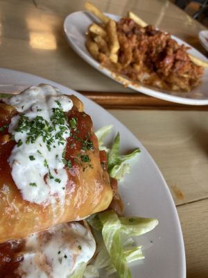Chorizo chimichanga and chili-cheese fries  at 10th Street Diner in Indianapolis