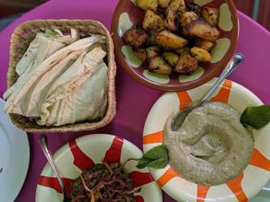 Babaganoush, pita bread, potato and lentils at La Cuisine de Mona in Marrakech