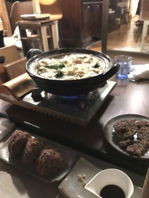 Hotpot, rice balls and rice crackers  at Farmer's Cafe Project in Tokyo