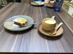 Blueberry cake and coffee at Farmer's Cafe Project in Tokyo