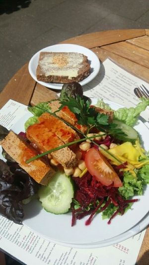 tofu salad, crispy tofu strips with sweet chilli. delicious  at Cafe Koppel in Hamburg