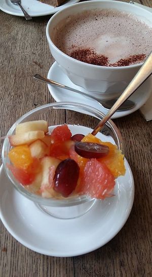 Fruit salad and soy hot chocolate at Cafe Koppel in Hamburg
