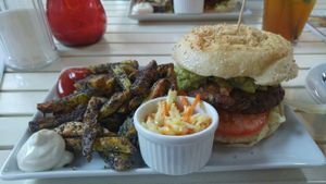 avocado burger and fries. Absolutely to die for at Cafe Koppel in Hamburg