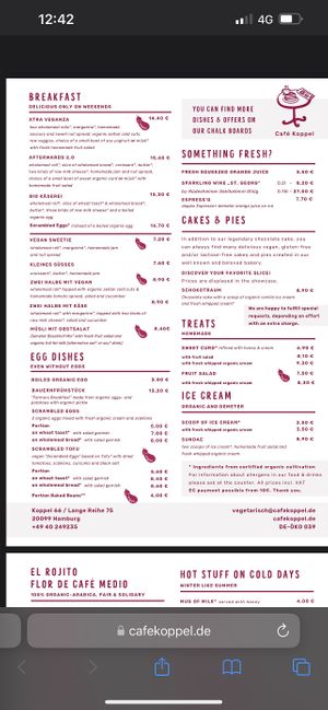 Menu  at Cafe Koppel in Hamburg
