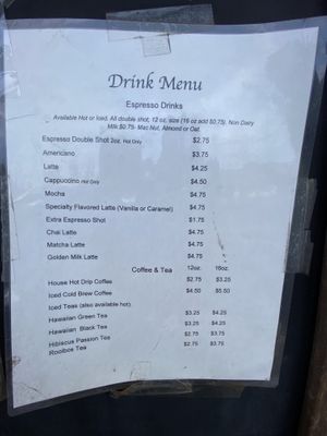 Drink menu at Midnight Bear Breads in Hanapepe