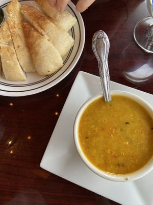 Lentil Dahl soup and bread  at Mitho in Winchester