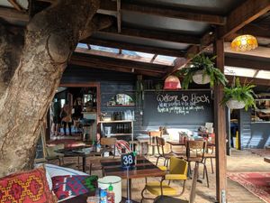 Covered outdoor seating area at Flock Espresso and Eats in Mullumbimby