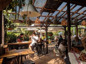 Covered and uncovered outdoor seating at Flock Espresso and Eats in Mullumbimby
