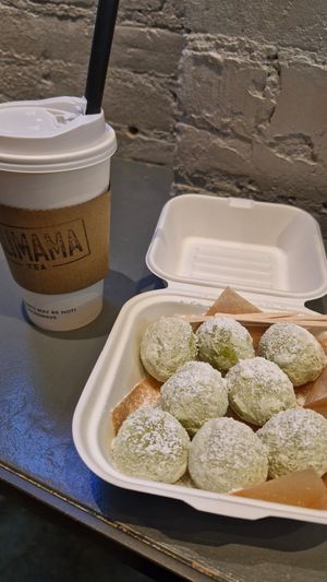 Hot boba tea and matcha munchkins at Alimama Tea in New York City