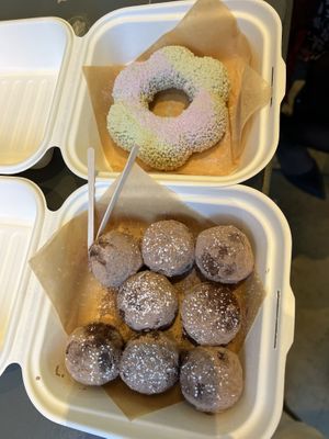 Chocolate mochi munchkins are vegan.  Not sure about the matcha tea donut.  at Alimama Tea in New York City