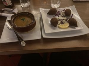 Lentil soup and pumpkin kibbee. at Yara in New York City