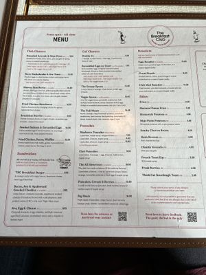 Menu  at The Breakfast Club in Oxford