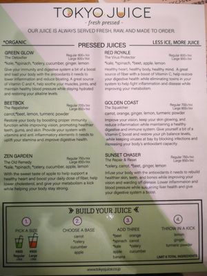 Menu at Tokyo Juice in Tokyo
