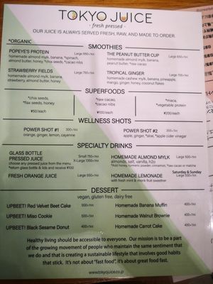 Menu at Tokyo Juice in Tokyo