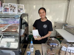 This lovely person offers happiness in a package: vegan macarons!  at Bønnespiren in Stavanger