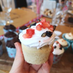 Vegan vanilla cupcakes with wiped cream and fresh berries  at Bønnespiren in Stavanger