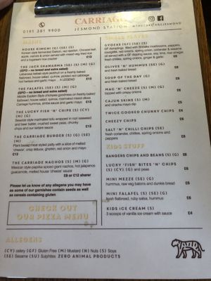 Menu Nov 2022  at The Carriage in Newcastle Upon Tyne