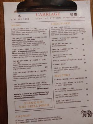 Menu at The Carriage in Newcastle Upon Tyne