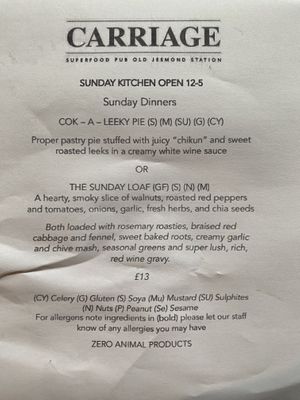 Sunday dinner menu  at The Carriage in Newcastle Upon Tyne