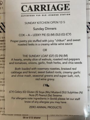 Sunday menu   at The Carriage in Newcastle Upon Tyne
