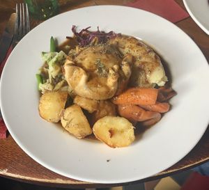 Sunday lunch. Chick’n and leek pie with all the trimmings  at The Carriage in Newcastle Upon Tyne