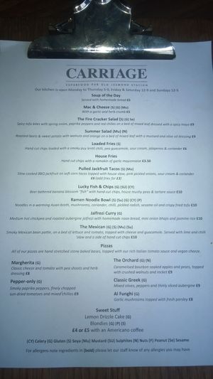 Sample menu at The Carriage in Newcastle Upon Tyne