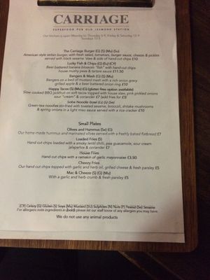 Menu at The Carriage in Newcastle Upon Tyne