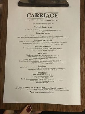 Sunday menu (Christmas) at The Carriage in Newcastle Upon Tyne