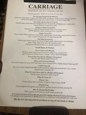 menu at The Carriage in Newcastle Upon Tyne