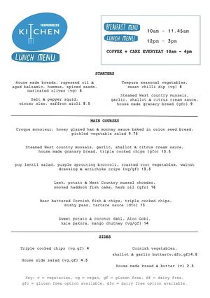 Lunch Menu at Tremenheere Kitchen in Penzance