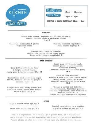 Sunday Lunch Menu at Tremenheere Kitchen in Penzance